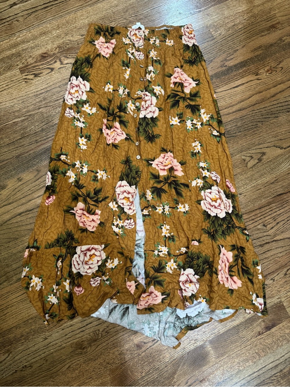 Women’s Floral Button-Front Maxi Skirt - Mustard with Pink Flowers